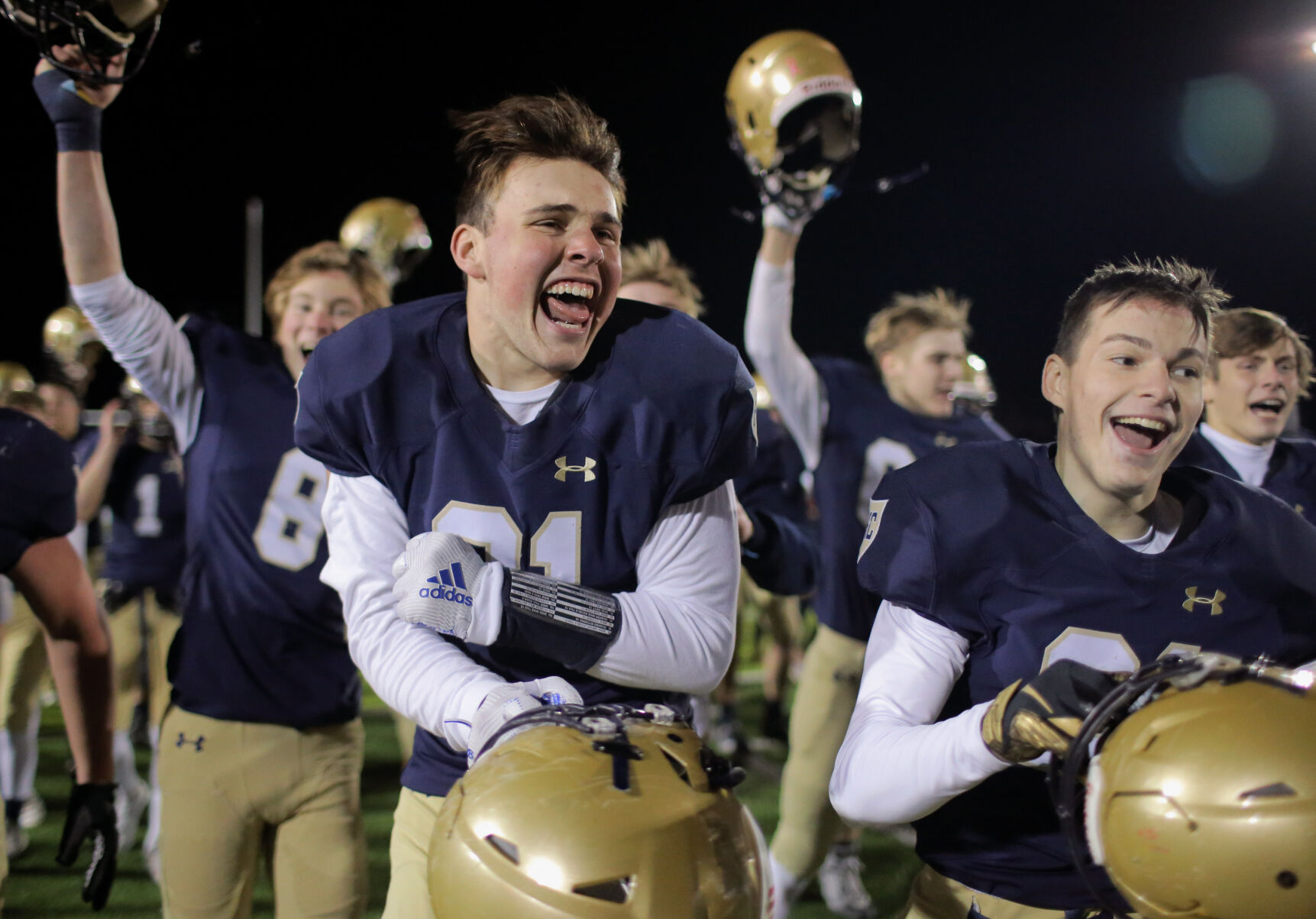 Helias junior tight end Samuel Schell jumps in the air